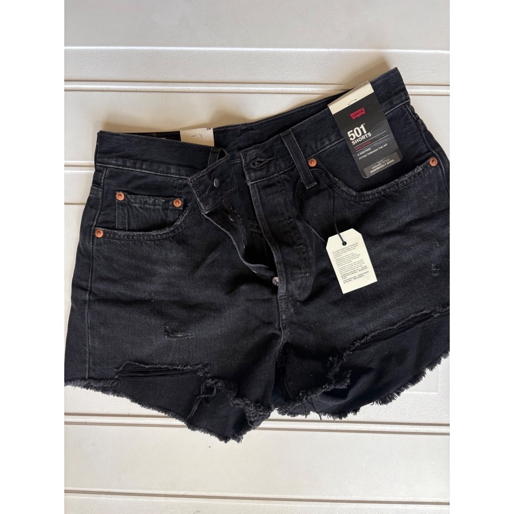 Levis 501 Original High Rise Denim Shorts Black Distressed Cut Off 563270123 28
